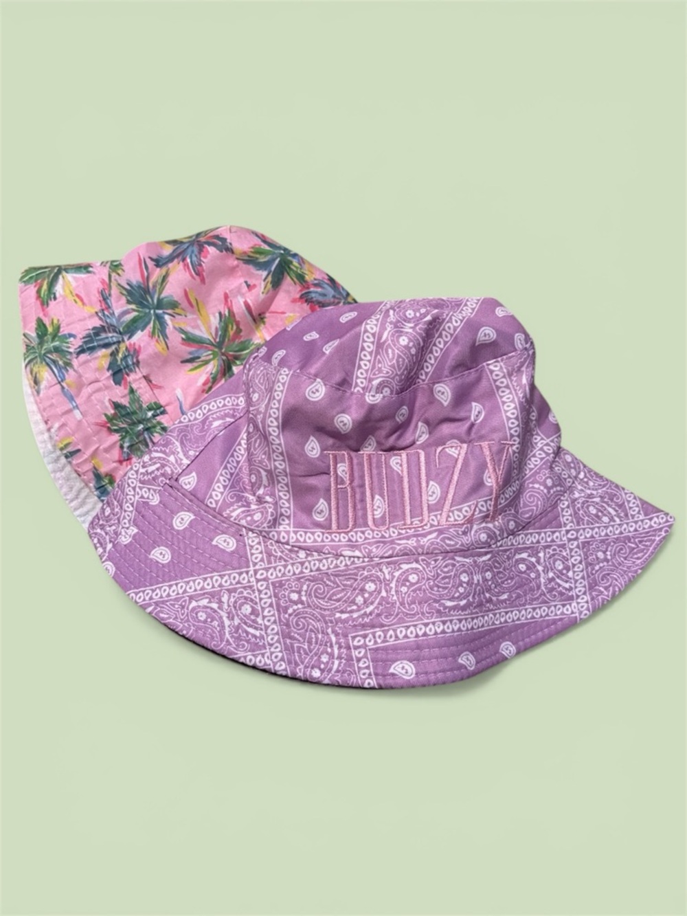 Set of Bucket Hats - Purple & Pink Budzy 🍃 paisley and Tropical palm trees